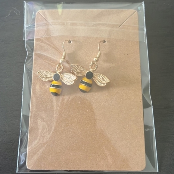 Bee Earrings Gold yellow black enamel gold on hypoallergenic ear wires - Picture 4 of 7